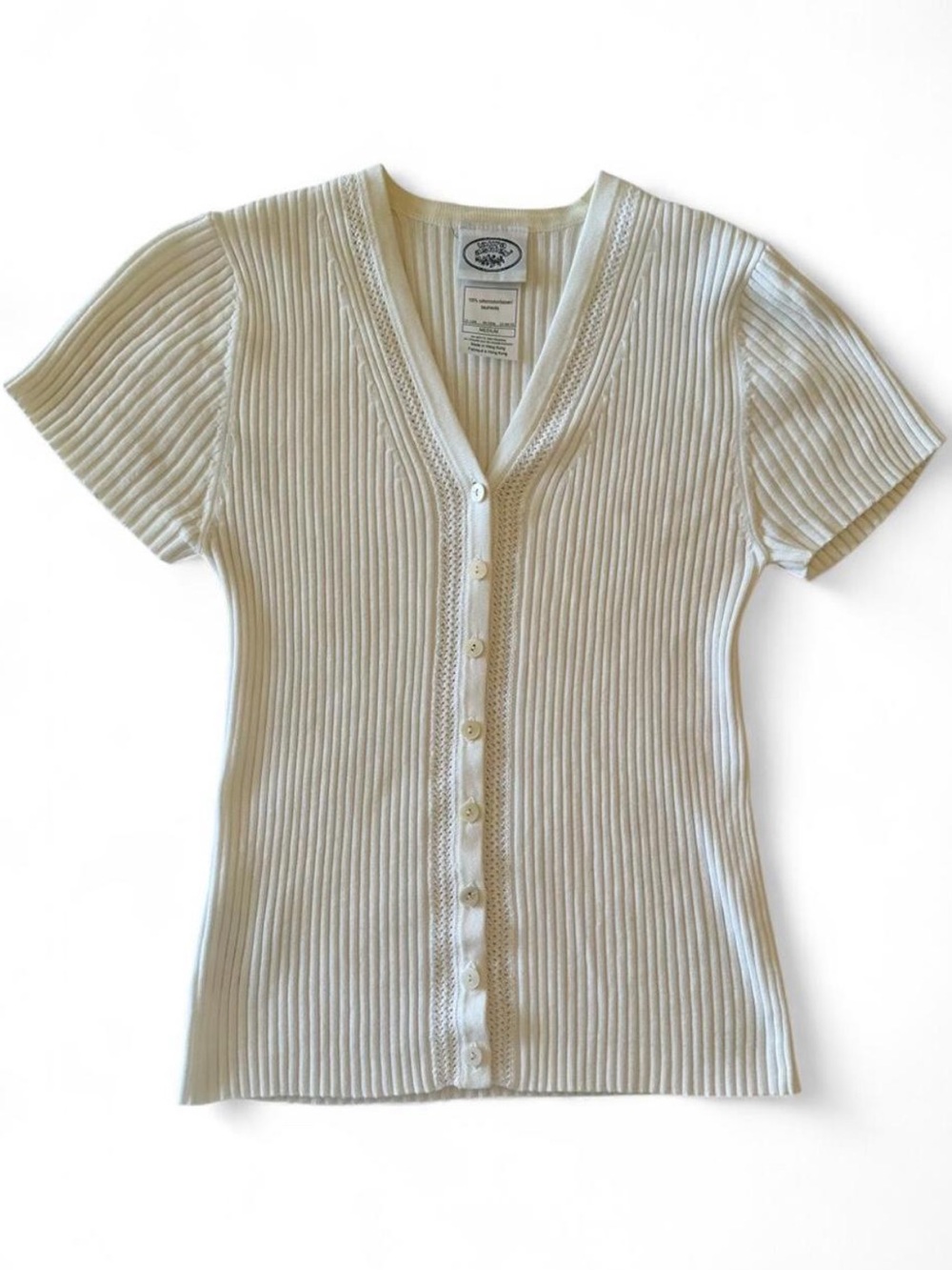 Laura Ashley 100% Cotton Ribbed Short Sleeve Cardigan Top Ivory Minimalist 90s M - Picture 4 of 7